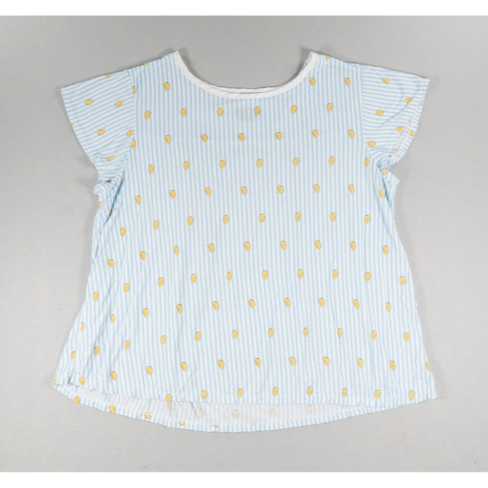 Kate Spade New York Lemon Print Striped Short Sleeve Blouse Top Blue White SizeL